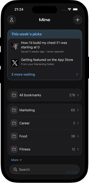Mine app showing saved bookmarks, tags and folders