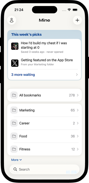 Mine app showing saved bookmarks, tags and folders
